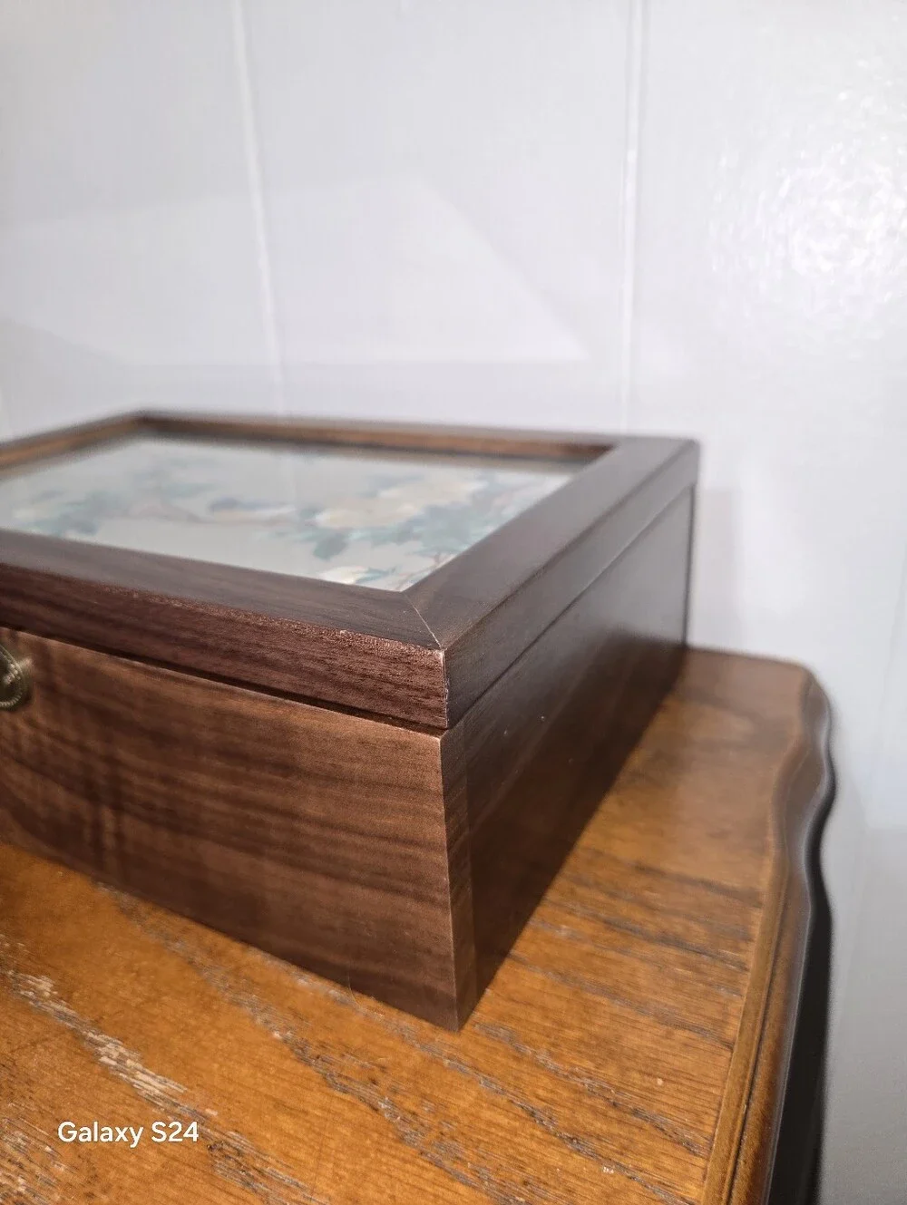 Antique Jewelry Box, Chinese Silk Double-Sided Embroidery Screen, Walnut Wood
